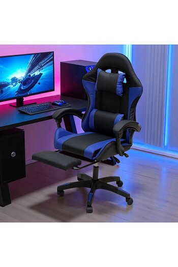 Sabir and Bros Furniture LLC SBF Gaming Chair with Footrest, Adjustable Height, Faux Leather Office Computer Chair, Blue Black