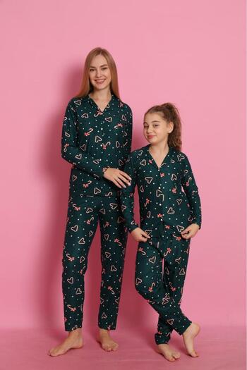 Free Beka Christmas Patterned Long Sleeve Button Front Shirt Collar Mother Daughter Pajamas Set