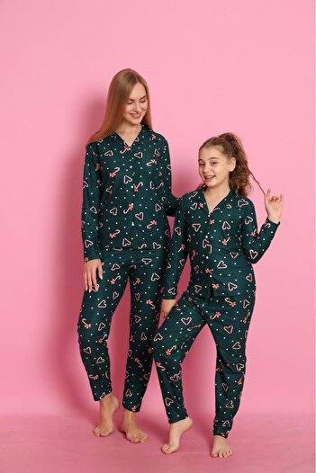 Free Beka Christmas Patterned Long Sleeve Button Front Shirt Collar Mother Daughter Pajamas Set