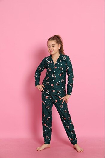 Beka Kids New Year Patterned Long Sleeve Button Front Shirt Collar Girls Pajama Set