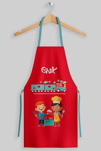 AYSHOME Ays Home Red Train Children's Kitchen Apron Set (1 Apron 1 Hat)