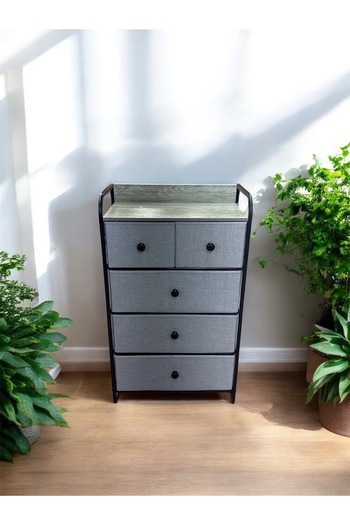 ABAREEK 5-Drawer Fabric Dresser - Large Capacity Bedroom Organizer Unit with Wood Top (Black/Grey)