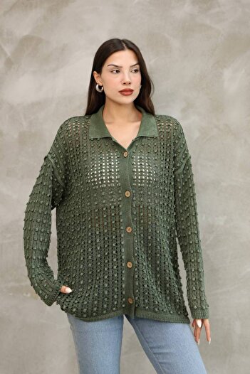 AYASOFYA OTANTIK Women's Khaki Button Closure Vintage Loose Cotton Knitwear Long Cardigan Cap