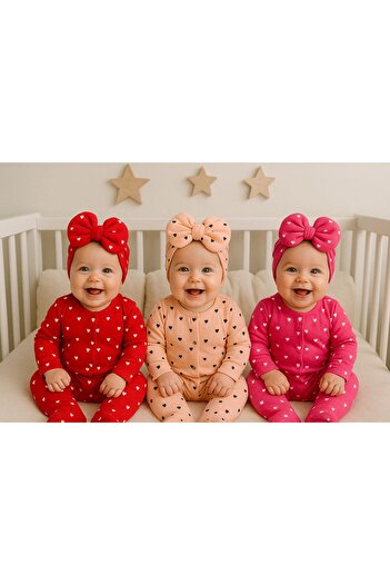 Pico Baby Σετ 3 μπονέ μωρού διπλής στρώσης με φιόγκο- Πούδρα/Κόκκινο/Φούξια