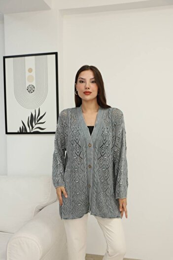 AYASOFYA OTANTIK Women's Gray Button Closure Vintage Loose Cotton Patterned Knitwear Long Cardigan Cap