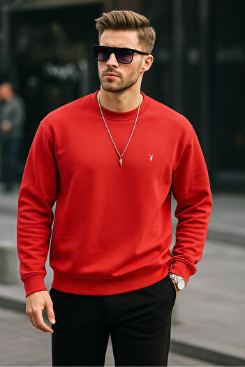 MAXIMILLIAN Red Color Basic Crew Neck Relaxed Regular Men's Sweatshirt