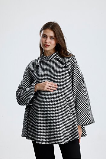 KATLİN MATERNİTY WEAR Maternity Poncho Sweater Pattern, Wool Cotton Blend Fabric, Collar Button Detail (Breastfeeding)