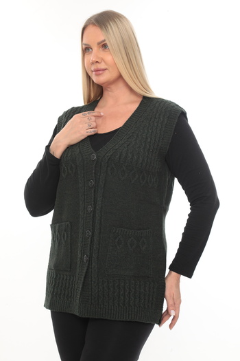 İKSUN Women's Buttoned Pocketed V-Neck Knitted Wool Mother Knitwear Winter Vest
