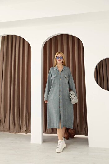 AYASOFYA OTANTIK Women's Gray Shirt Collar Button Closure Pocketed Vintage Loose Cotton Knit Midi Dress
