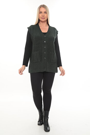 İKSUN Women's Buttoned Pocketed V-Neck Knitted Wool Mother Knitwear Winter Vest