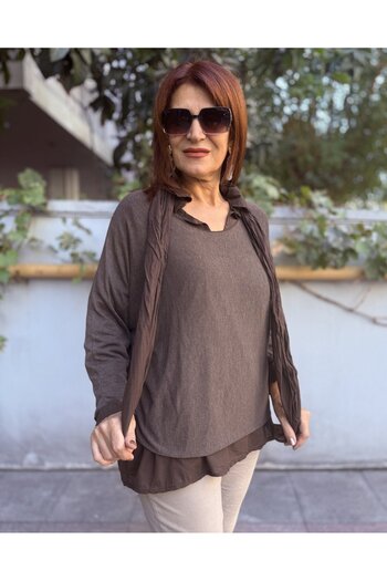 DenizEge Italian Shirt with Scarf Knitwear Bitter Brown