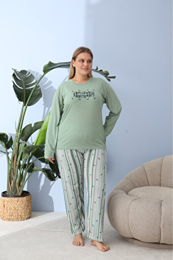 embody Women's Comfortable Cotton Pyjamas, Set with Blouse and Long Trousers, cotton, green 60157