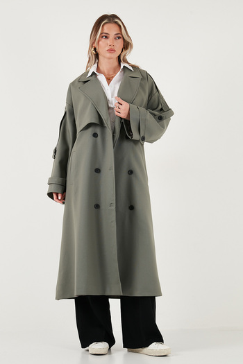 Lela Oversize Fit Kruvaze Yaka Düğmeli Kemerli Uzun Trençkot TRENÇKOT 6839476