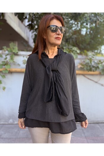DenizEge Italian Shirt with Scarf Knitwear Black