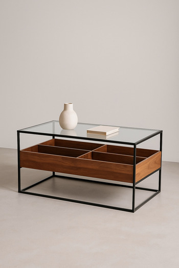 MARIA HOMES Walnut Coffee Table with Glass Top & Black Metal Frame – 120×60×45 cm