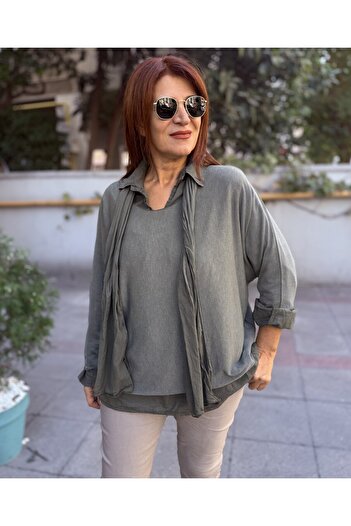DenizEge Italian Shirt with Scarf Knitwear Khaki