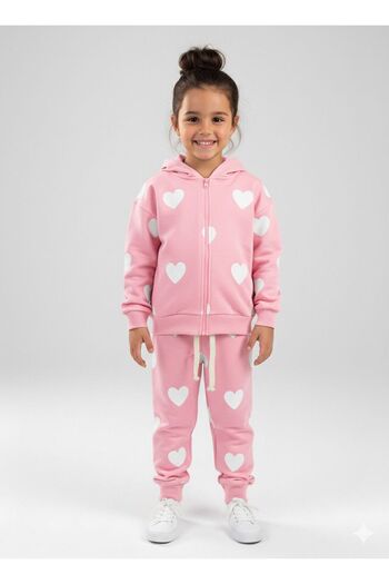 babymoon kids Heart Zippered Hooded Casual Girls' 2-Piece Tracksuit Set