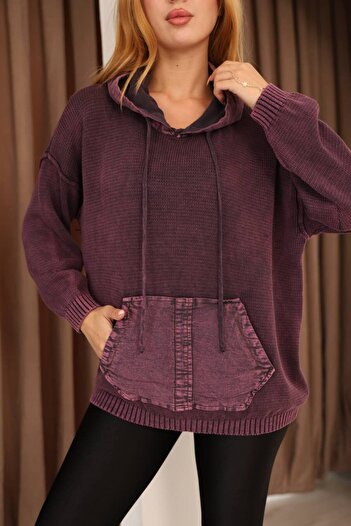AYASOFYA OTANTIK Women's Purple Hooded Detail Kangaroo Pocket Distressed Loose Cotton Knitwear Sweater