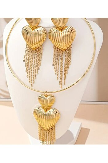 BirYıldızOl Stylish Exaggerated Gold Metal Heart Tassel Necklace and Earrings Set