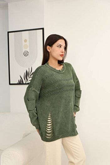 AYASOFYA OTANTIK Women's Khaki Round Neck Distressed and Ripped Detailed Pocketed Long Sleeve Loose Cotton Knitwear Sweater Blouse