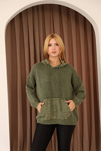 AYASOFYA OTANTIK Women's Khaki Hooded Detail Kangaroo Pocket Distressed Loose Cotton Knitwear Sweater