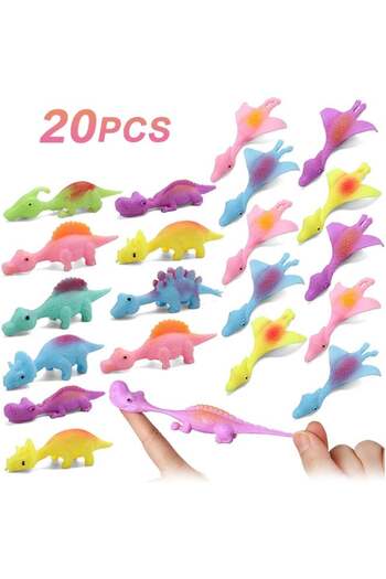 Generic Organizer 20 Pcs Slingshot Dinosaur Finger Toys, Party Favors for Kids Sticky Rubber Dino Flying Cat