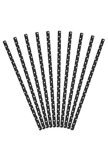 Carnaval24 Set 10 black straws with polka dots, Black/White