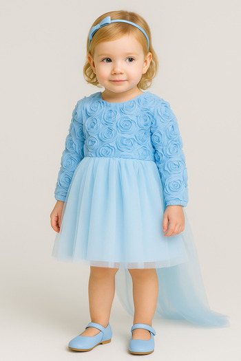 2kids2mom Baby Girl Blue Dress Long Sleeve Bowknot Birthday Party Wedding Special Occasion Tulle Lined Princess