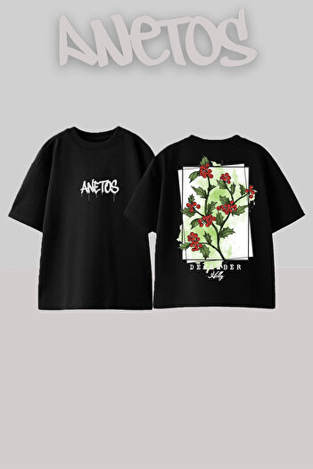 Anetos Flowers Design Back Printed Cotton Black Oversize T-Shirt