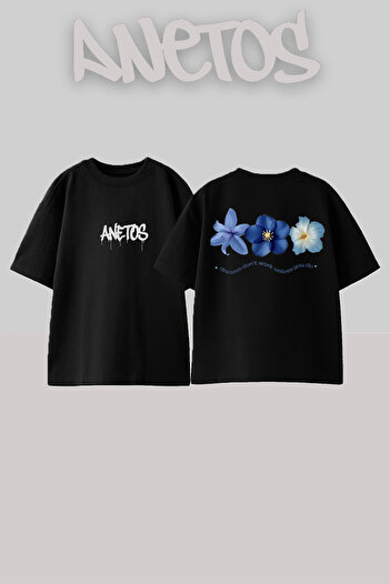 Anetos Blue Flowers Design Back Printed Cotton Black Oversize T-Shirt