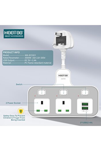 HooToo 3000W Multi-Outlet Extension Socket, Power Outlet Extender with 2 AC Outlets and 2 USB Charging Ports