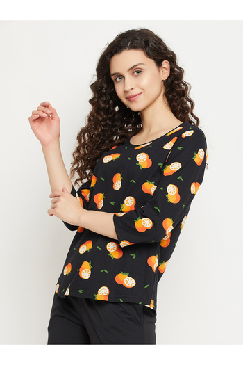 iza Orange Print Top in Black – 100% Cotton
