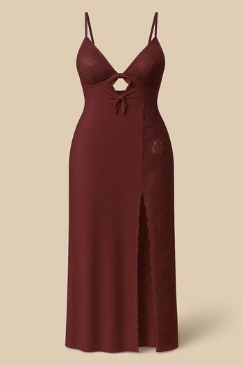 TREN Elegant V Neck Maxi Length Night Dress with Floral Lace Panel Side Slit Bow Front Homewear Gown