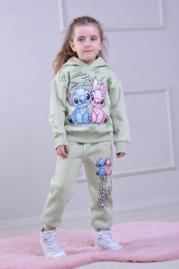 ARBİ kids Girls' Lilo Stitch Three-Thread Fleece Hoodie Fabric Winter Two-Piece Set