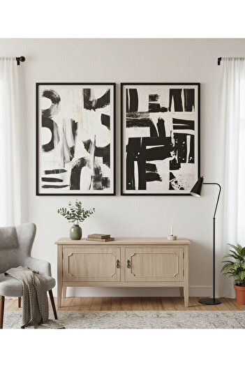 Linacci Set of 2 Black Metal Frame White Artistic Fashion Glass Paintings