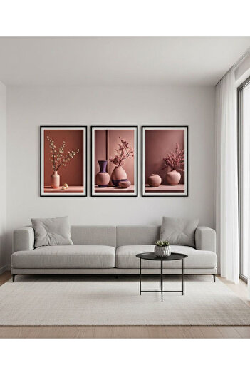 Linacci 3-Piece Black Metal Frame Vase Pink Real Glass Painting Set
