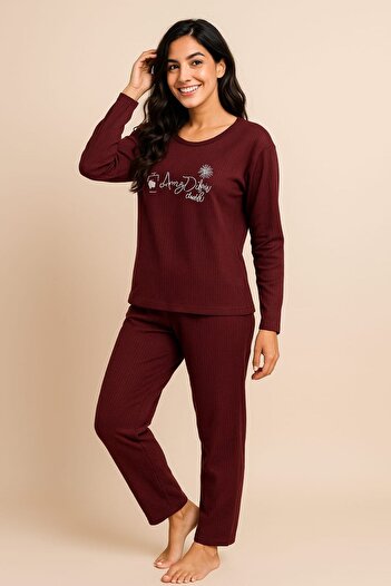 enmodaiçgiyim Burgundy Striped Women's Pajama Set – Long Sleeve, Comfortable Fit, Soft Fabric, Stretchy