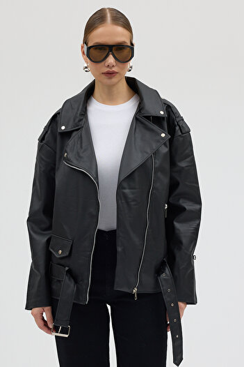 Jaglion Women's Oversize Cut Zr Leather Jacket