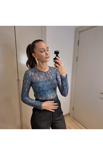 Melis Tuna Butik Dantel Transparan Uzun Kollu Bluz