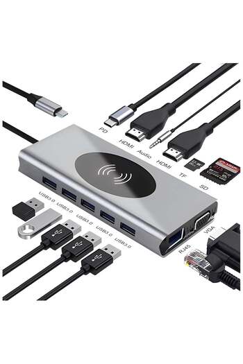 First pro 14-in-1 USB C Adapter, USB C Type Hub with 4K HDMI, VGA, Type C PD, 4 USB 3.0 ports, RJ45
