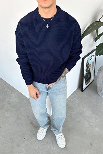 HAFKAGİYİM Navy Blue Knitted Pattern Oversize Knitwear Sweater