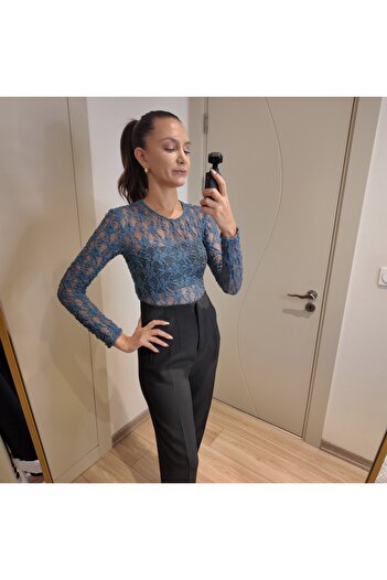 Melis Tuna Butik Dantel Transparan Uzun Kollu Bluz
