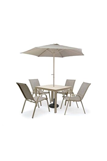 Family Ship Outdoor Dining Table Set with 4 Chairs and Umbrella - Beige