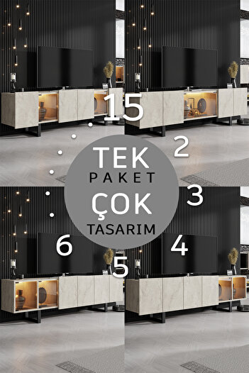 Modatte ZENİT TV ÜNİTESİ 15 TASARIM TEK PAKET DUVARA MONTAJ, METAL AYAKLI, FÜME PVC CAM, LED IŞIK MD2603