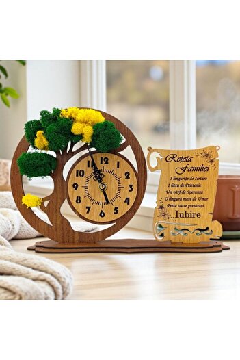 OEM Bonsai clock with natural lichens and message for Family "Family Recipe", 30x20 cm