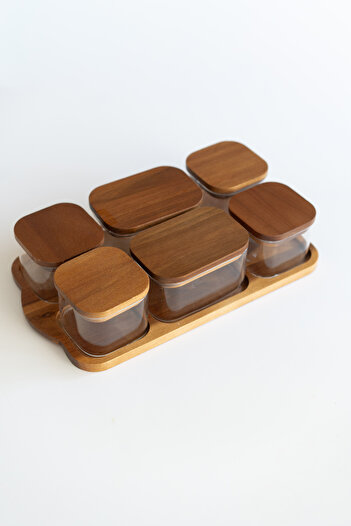 Dekorzdükkan 6-Piece Acacia Stand Square/Rectangular Glass Breakfast Set (Acacia Vacuum Lid)