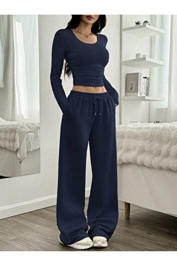 S&A DESIGN Women's Navy Blue Winter 2-Thread Ribbed Thick Fleece-Lined Combed Cotton Fabric Sweatpants