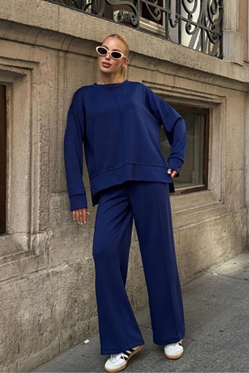Hazinedan Women's Navy Blue Crew Neck Blouse and Relaxed Fit Pants with Elastic Waist Bottom Top Set