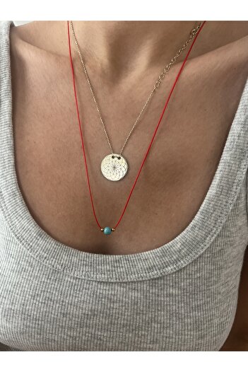 Hoop jewelery Red String Necklace with Turquoise Natural Stone