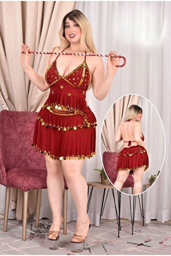 TREN Belly Dance Inspired Red Lingerie Dress with Shimmering Gold Sequin Detail and Coin Fringe Trim